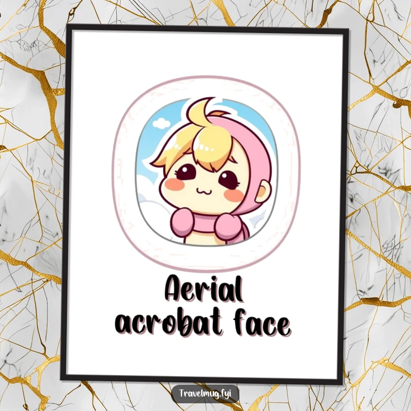 Funny Digital Art Print of a kawaii character making a silly face from an airplane window, radiating travel humor and joy.
