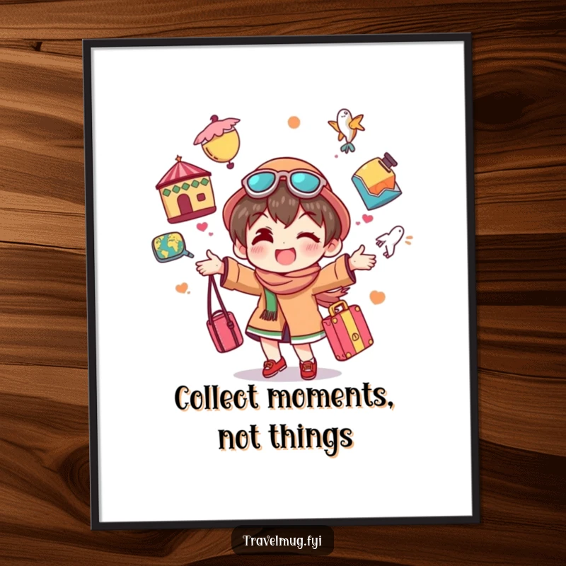 Funny digital art print of a character gleefully juggling colorful travel souvenirs, conveying vibrant humor and a spirit of exploration.