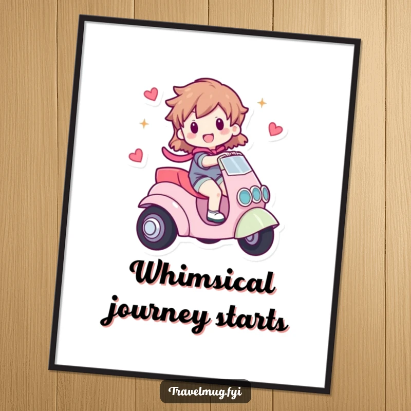 Funny digital art print of a character happily riding a small, whimsical vehicle, perfect for downloadable whimsical wall decor.
