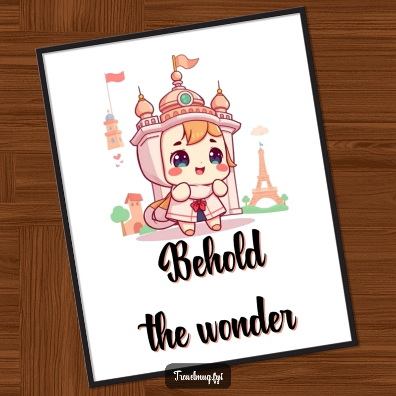Funny digital art print of a cute character gazing with wonder at a landmark, perfect for immediate travel-themed wall decor.