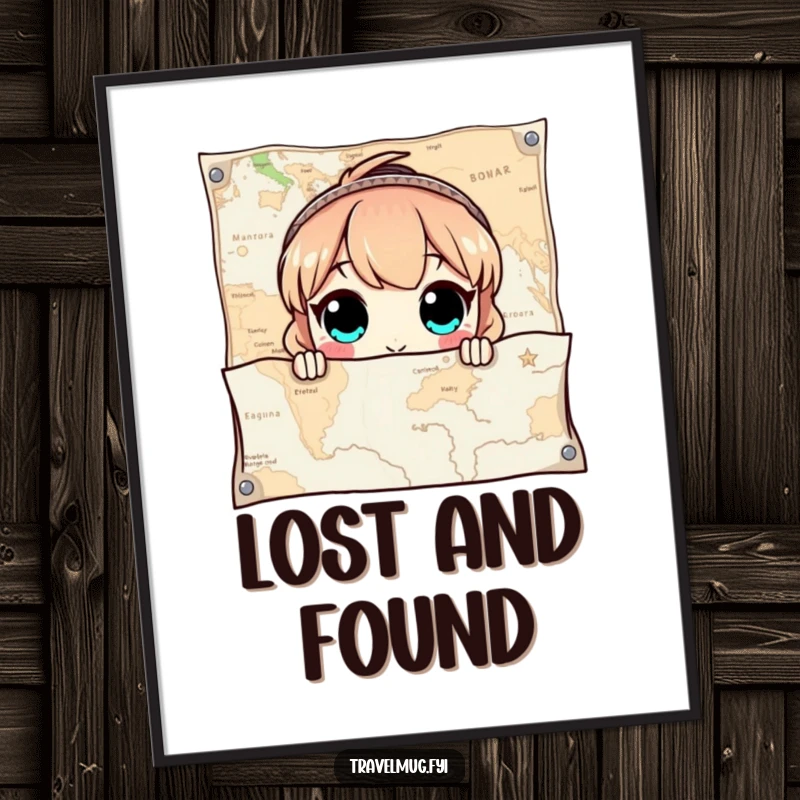 Funny Digital Art Print of a character with wide eyes peeking out from behind a giant map, perfect for instant adventure decor.