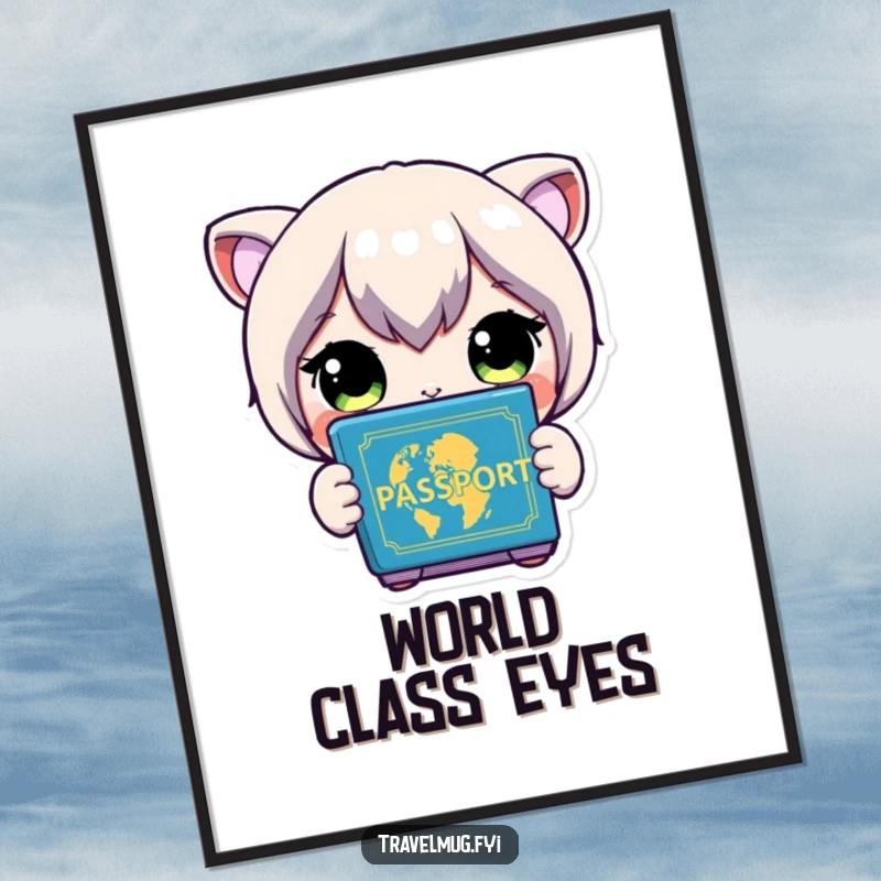 Funny Digital Art: A character with wide eyes looks at a colorful passport, full of travel dreams.