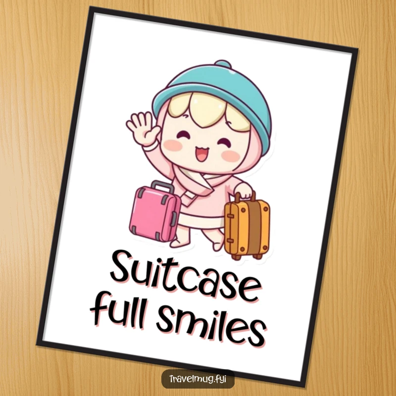 Funny Digital Art Print of a kawaii character waving goodbye cheerfully while holding a suitcase, radiating travel excitement and humor.