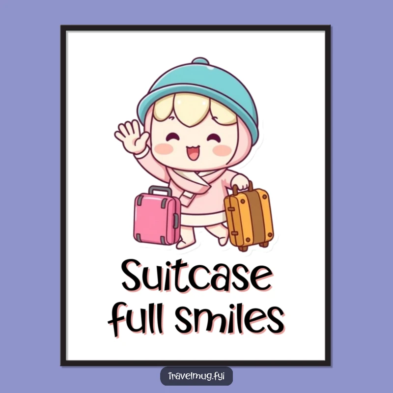 Funny Farewell Digital Art: Waving Kawaii Traveler with Suitcase Print