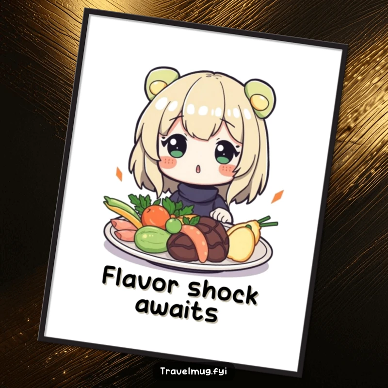 Funny Digital Art Print: A character looking surprised at a plate of exotic food, embodying culinary curiosity and humorous reactions.