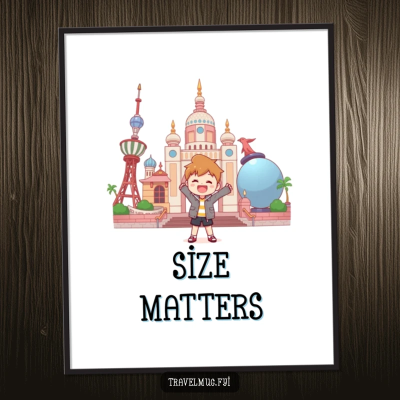 Funny digital art print of a character joyfully posing in front of a landmark constructed from oversized objects.