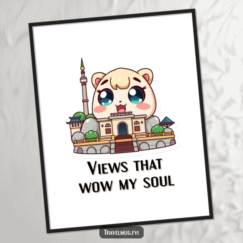 Funny Kawaii character digital art print of a cute character with amazed eyes looking at a landmark, downloadable wonder and humor.