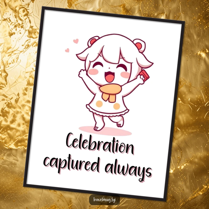Funny Kawaii character digital art print of a cute character doing a happy dance with a souvenir, downloadable travel joy.