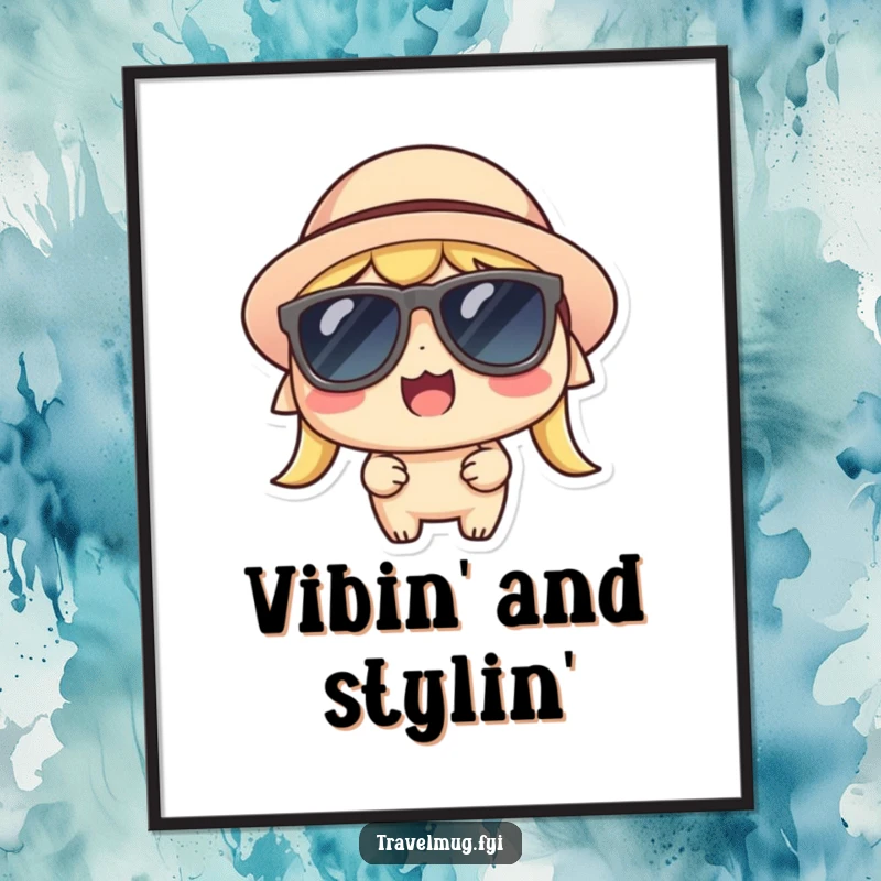 Funny Kawaii Digital Art Print, a delighted character in sunglasses and a hat, embodying thrill and coolness.