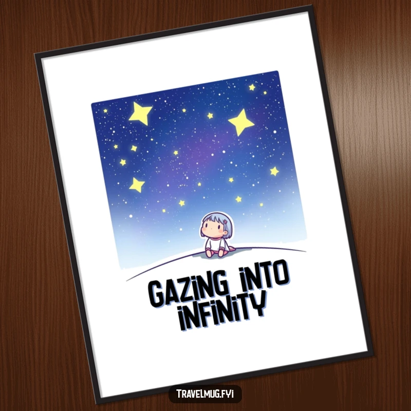 Funny digital art print of a cute character looking up at a vast, twinkling starry night sky, evoking peace.