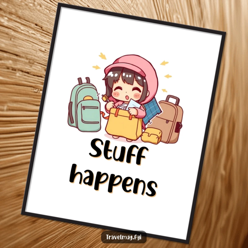 Funny digital art print of a character comically overstuffing a small bag, instant humorous decor for travelers.