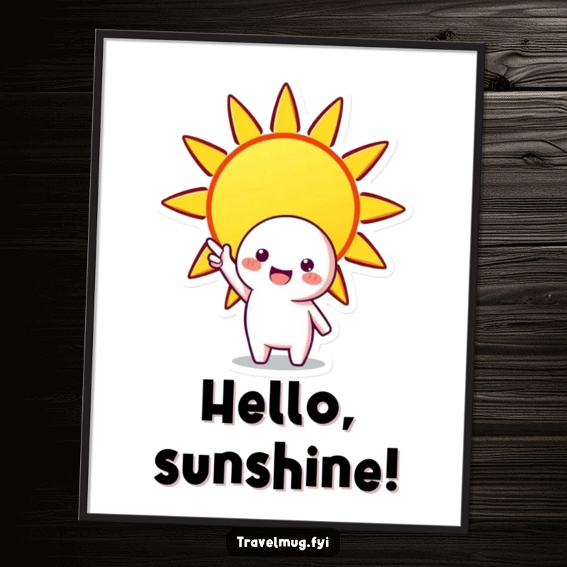 Funny digital art print of a cheerful character pointing at a bright sun, instant humorous decor for positivity.