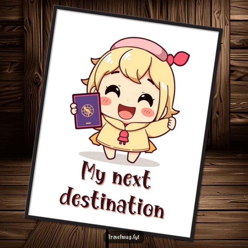 Funny digital art print of a character joyfully holding a passport with a big smile, capturing travel excitement.