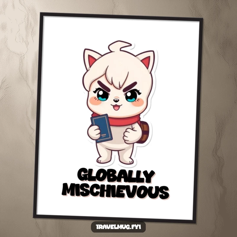 Funny digital art print of a cute character with a mischievous grin holding a passport, ready for international adventures.