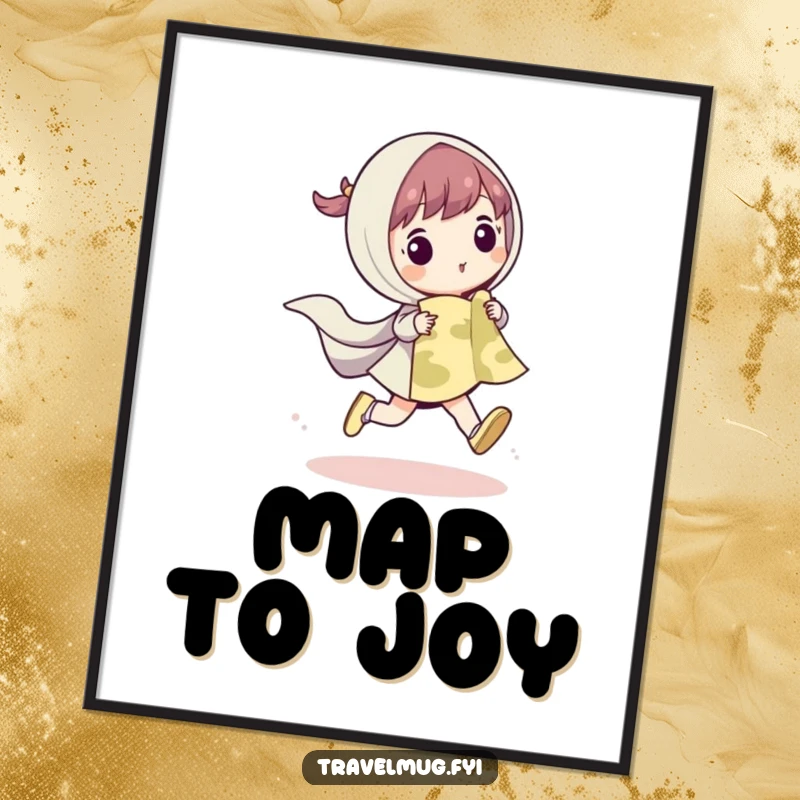 Funny digital art print of a cute character skipping with a map, perfect for instant download and adventure-themed decor.