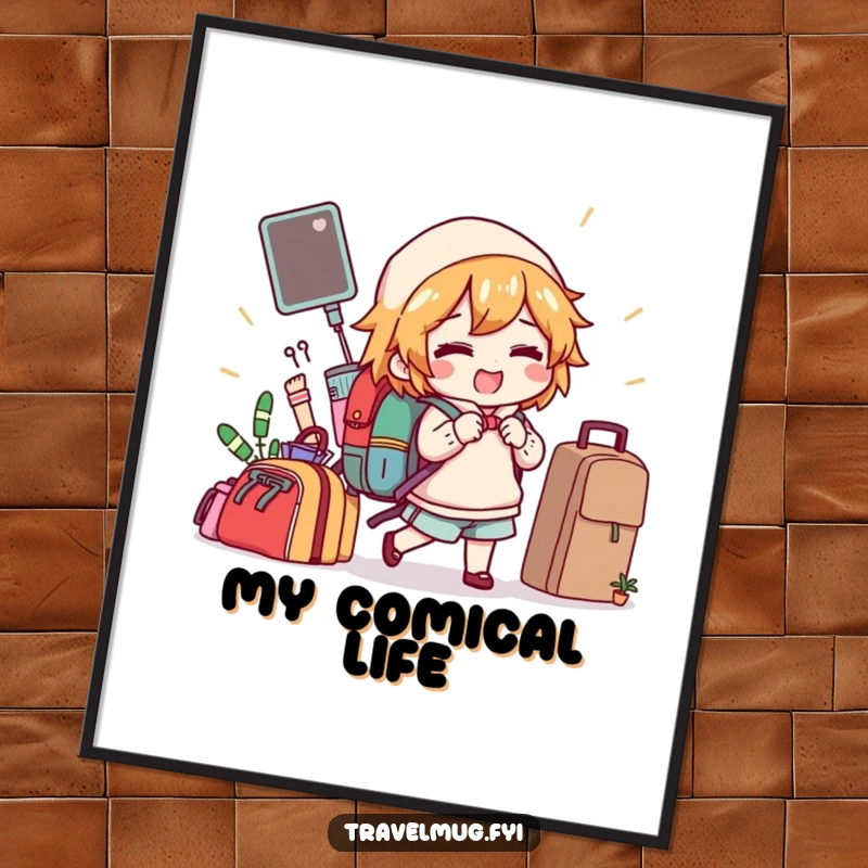 Funny digital art print of a character gleefully packing a backpack with a variety of comical items, ready for adventure.