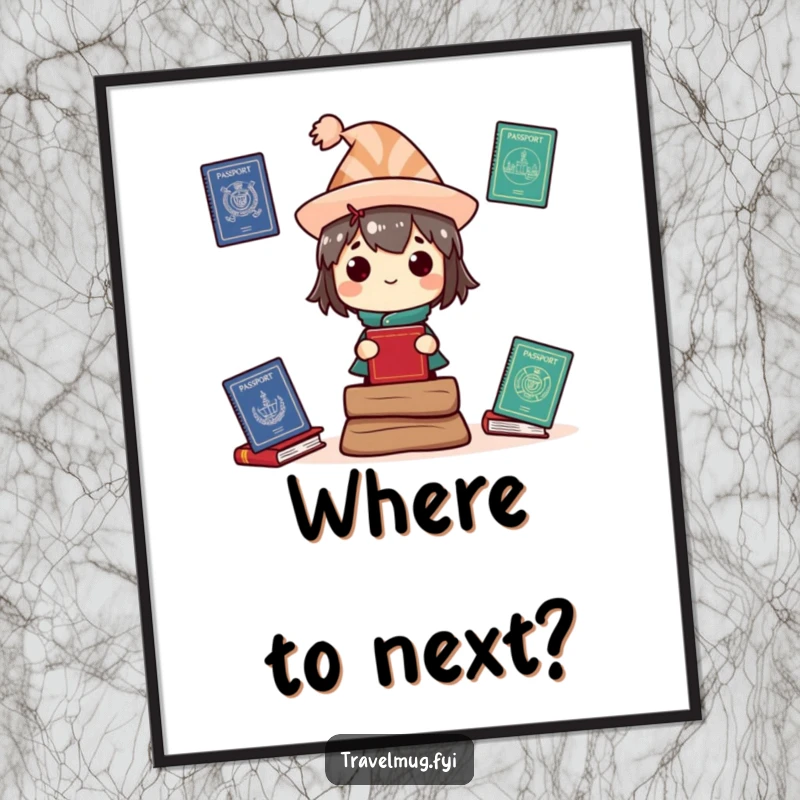 Funny Digital Art Print: A character wearing a silly hat balances several international passports, ready for adventure.