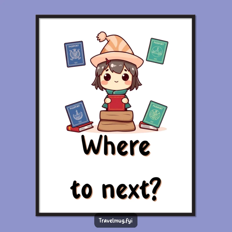 Funny Travel Digital Art: Character with passports, a printable funny gift for instant decor.