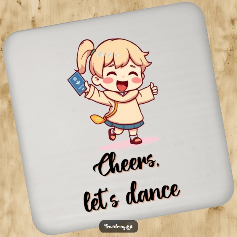 Funny travel dance drink coaster, a character dancing with a passport, adding travel celebration humor to tables.