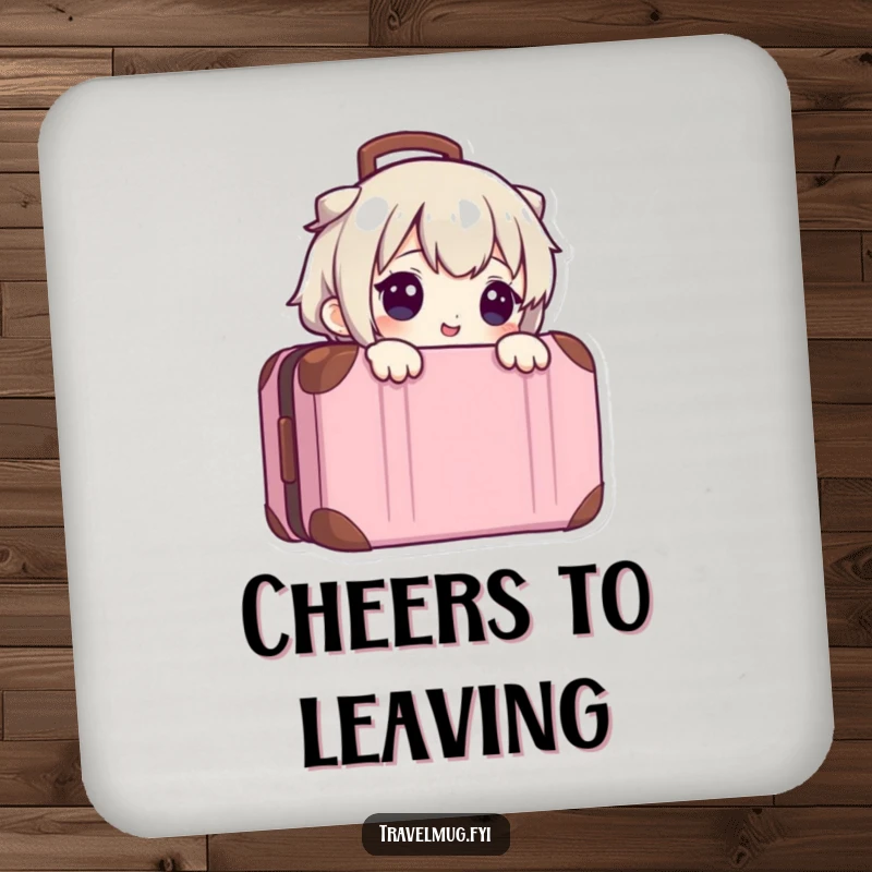 Funny drink coaster featuring a cute character peeking from a suitcase, adding a touch of travel whimsy to any surface.