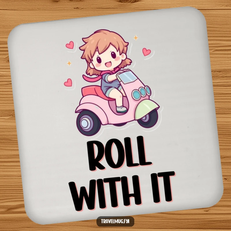 Funny drink coaster with a character happily riding a small, whimsical vehicle, adding a touch of playful adventure to any surface.
