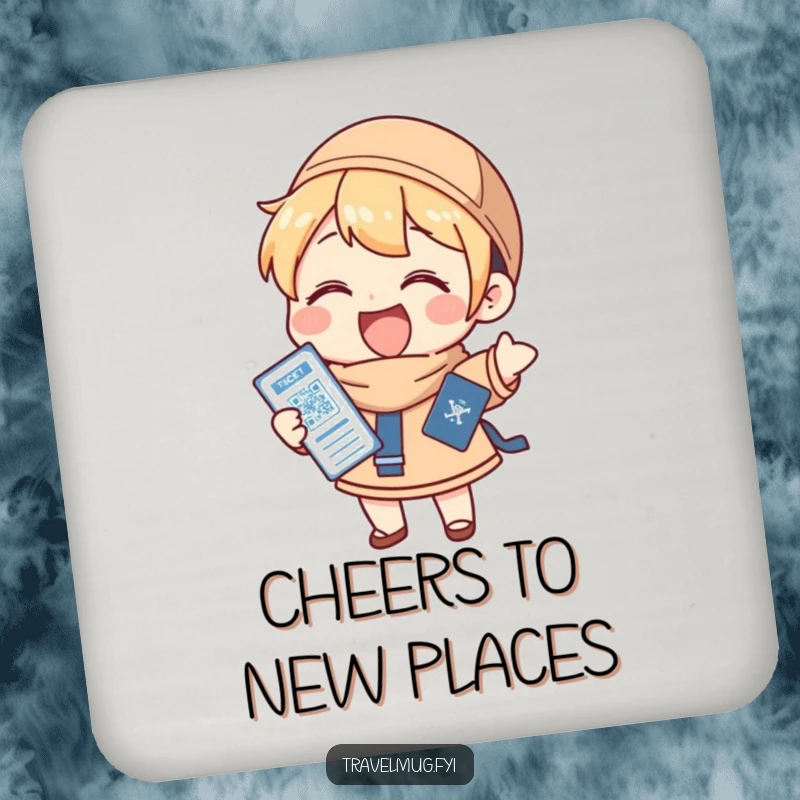 Funny Coaster: A character gleefully holding a passport and ticket, providing a fun, travel-themed surface protector.