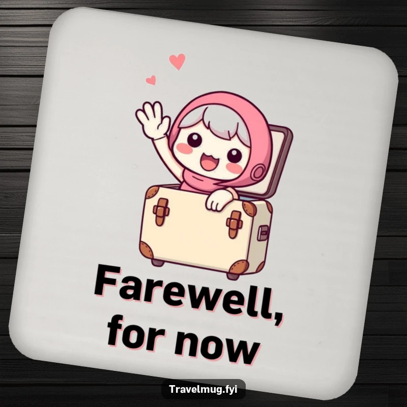 Funny Coaster: A cute character waving goodbye from a small suitcase, protecting surfaces with travel-themed humor.