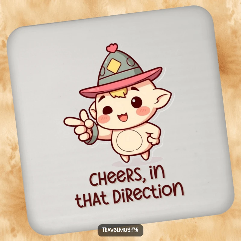 Funny Coaster: A character wearing a jaunty hat enthusiastically pointing forward, providing a fun, motivational surface protector.