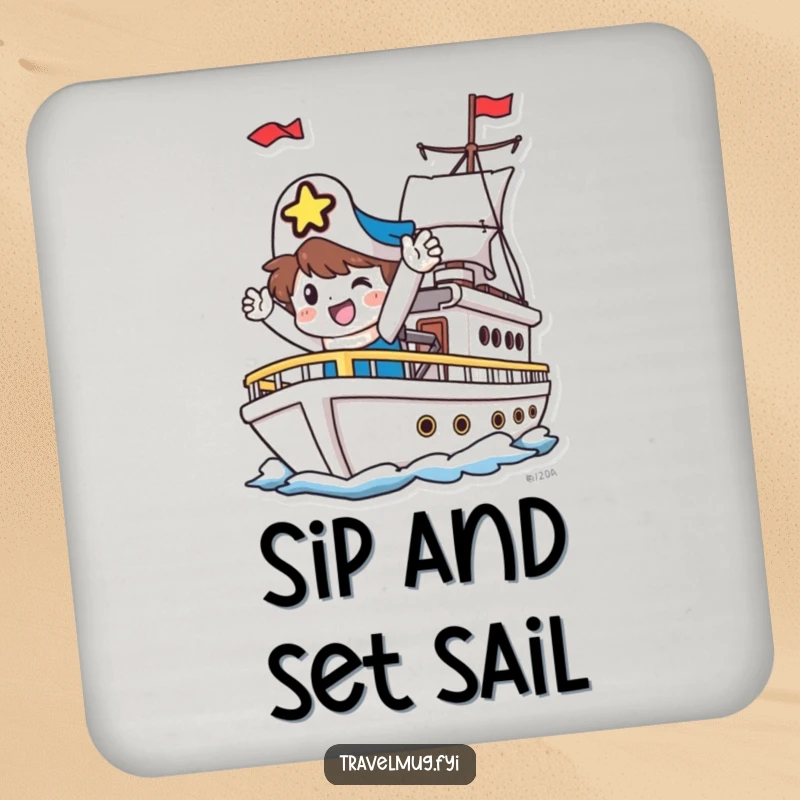 Funny Coaster: A happy character waves goodbye from a departing ship, adding humor to your drinks.