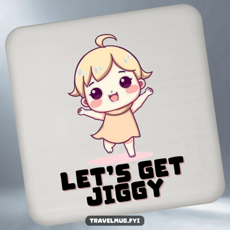 Funny drink coaster with a cute character doing a happy dance, adding a touch of humor and cheer to tabletops.