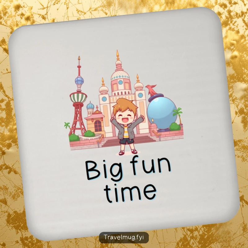 Funny drink coasters depicting a character joyfully posing in front of a landmark made of oversized objects.