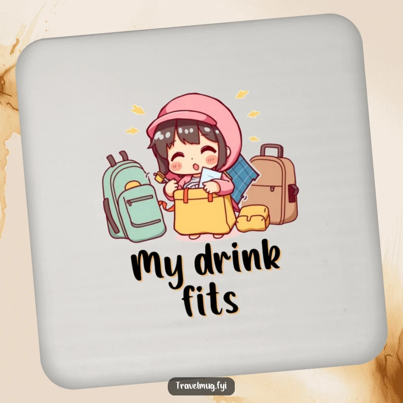 Funny coaster depicting a character comically overstuffing a small bag, protecting surfaces with humorous travel-themed art.