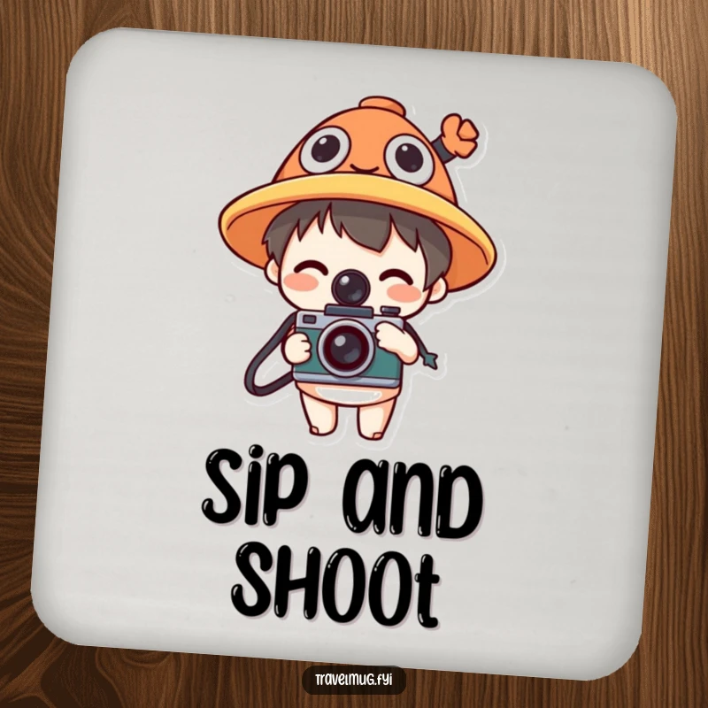 Funny drink coasters featuring a character in a funny hat with a camera, protecting surfaces with photographic humor.