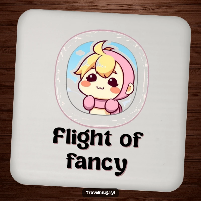 Funny Drink Coaster showcasing a kawaii character making a silly face from an airplane window, adding a touch of travel and humor.