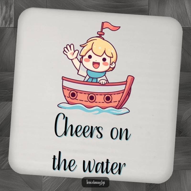 Funny drink coaster with a smiling character waving from a boat, adding nautical humor to tabletops.