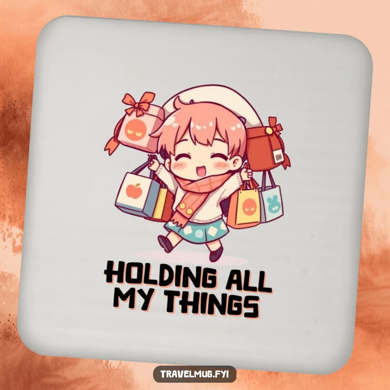 Funny drink coaster illustrating a character in a comical pose with too many souvenir bags, adding humor to tabletops.