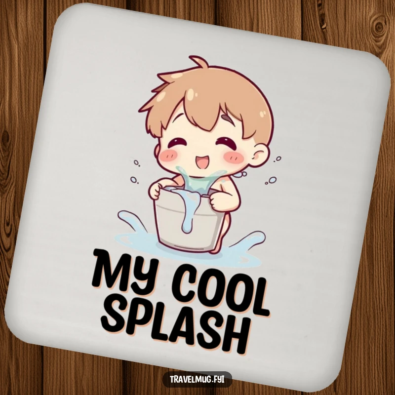 Funny drink coaster with a character playfully splashing water from a tiny bucket, offering surface protection with humor.
