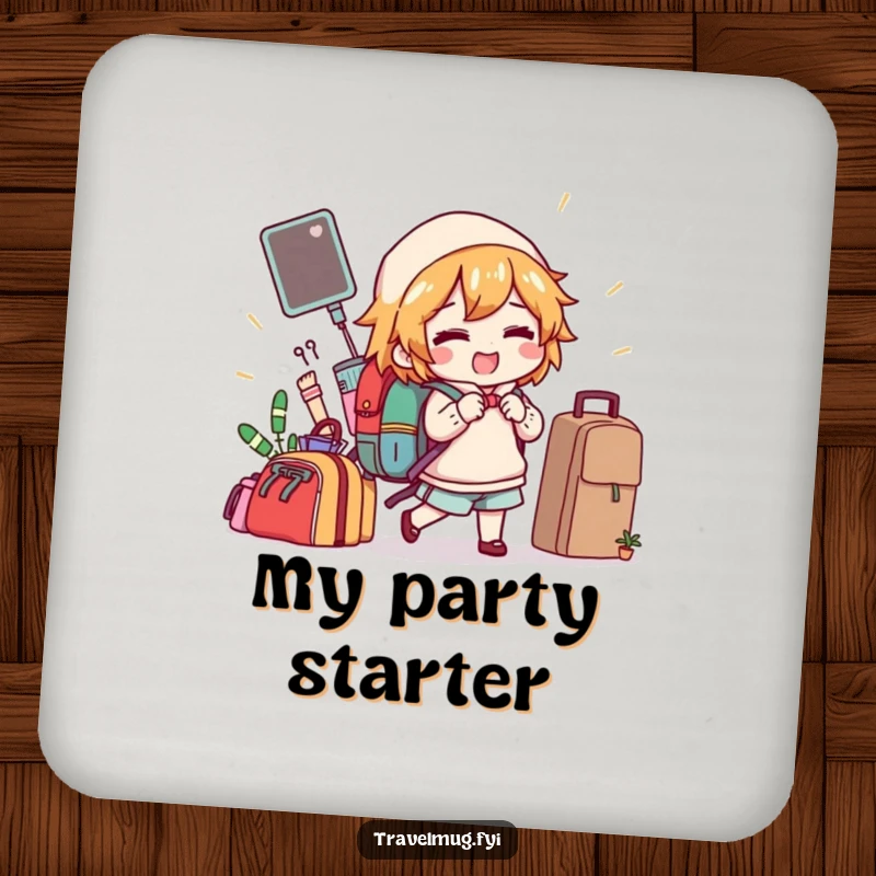 Funny drink coaster with a character gleefully packing comical items into a backpack, offering surface protection with humor.