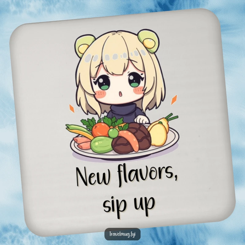 Funny Coaster: A character looking surprised at exotic food, adding a humorous culinary touch to any surface.
