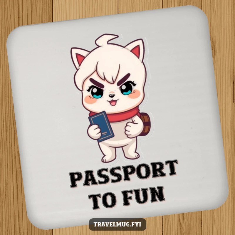 Funny drink coaster with a cute character holding a passport and a mischievous grin, offering travel-themed protection.