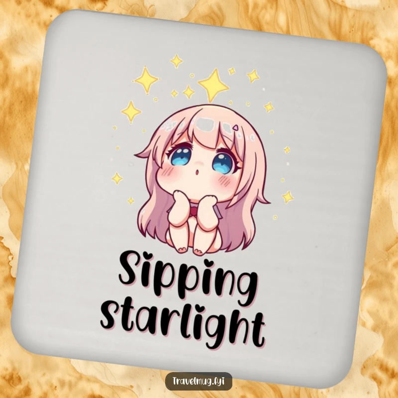 Funny coaster depicting a character gazing at a constellation, protecting surfaces with humorous cosmic art.