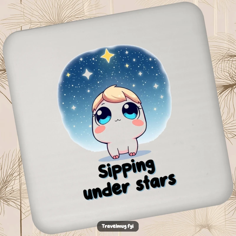 Funny Coaster: A character with wide eyes looking up at a star-filled sky, providing a fun, starry-themed surface protector.