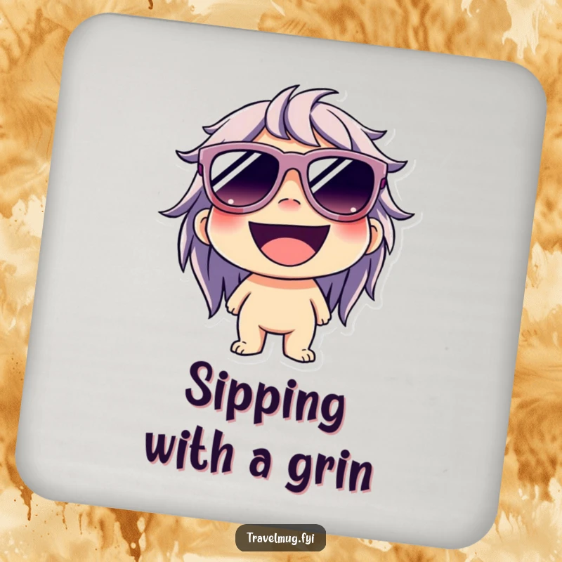 Funny drink coaster with a character wearing oversized sunglasses and a wide grin, protecting tables with cool, happy style.