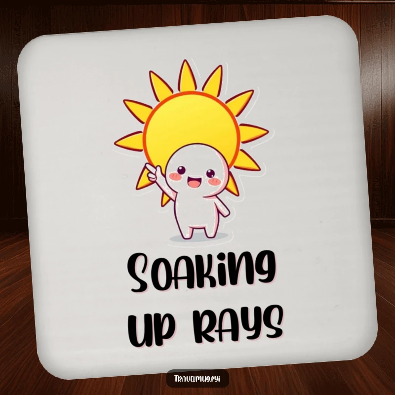 Funny coaster depicting a cheerful character pointing at a bright sun, protecting surfaces with humorous sunny art.
