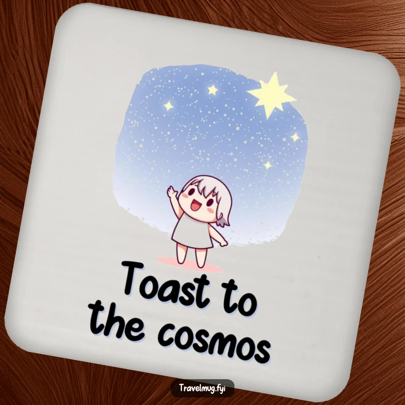 Funny Drink Coaster: A character enthusiastically points towards a distant, star-filled sky, protecting surfaces with wonder.