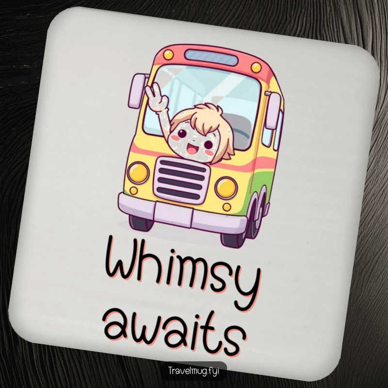 Funny drink coasters depicting a cute character excitedly flagging down a whimsical, brightly colored bus.