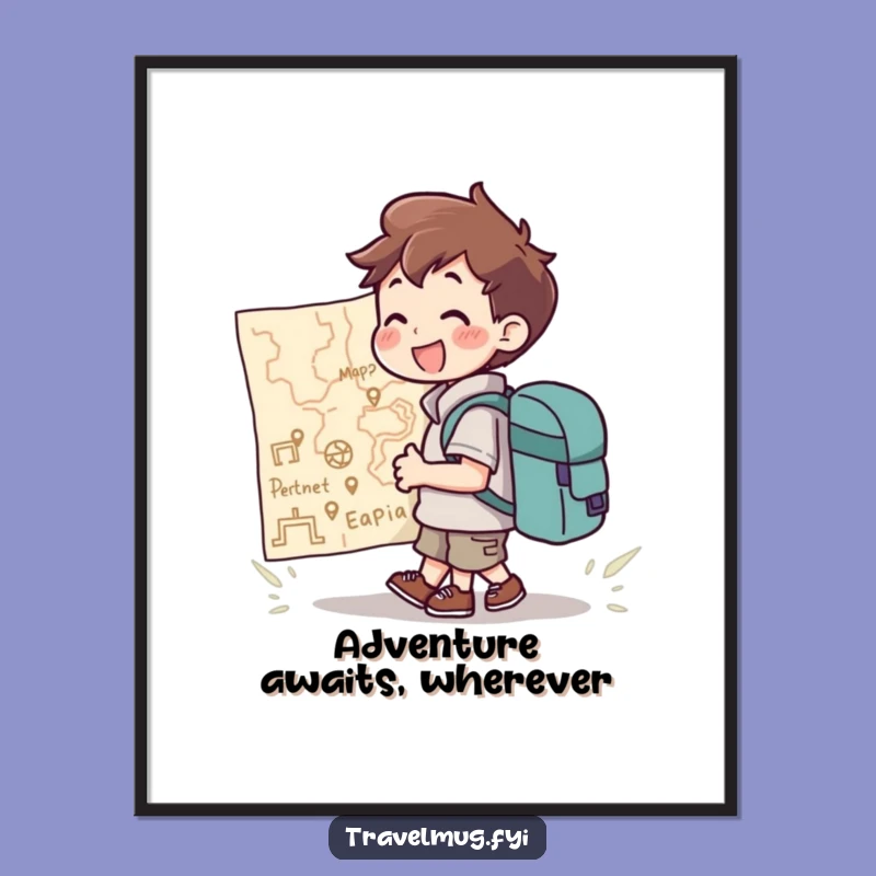 Funny Poster: Backpack Character Joyfully Views Giant Map, Inspiring Funny Wall Art!