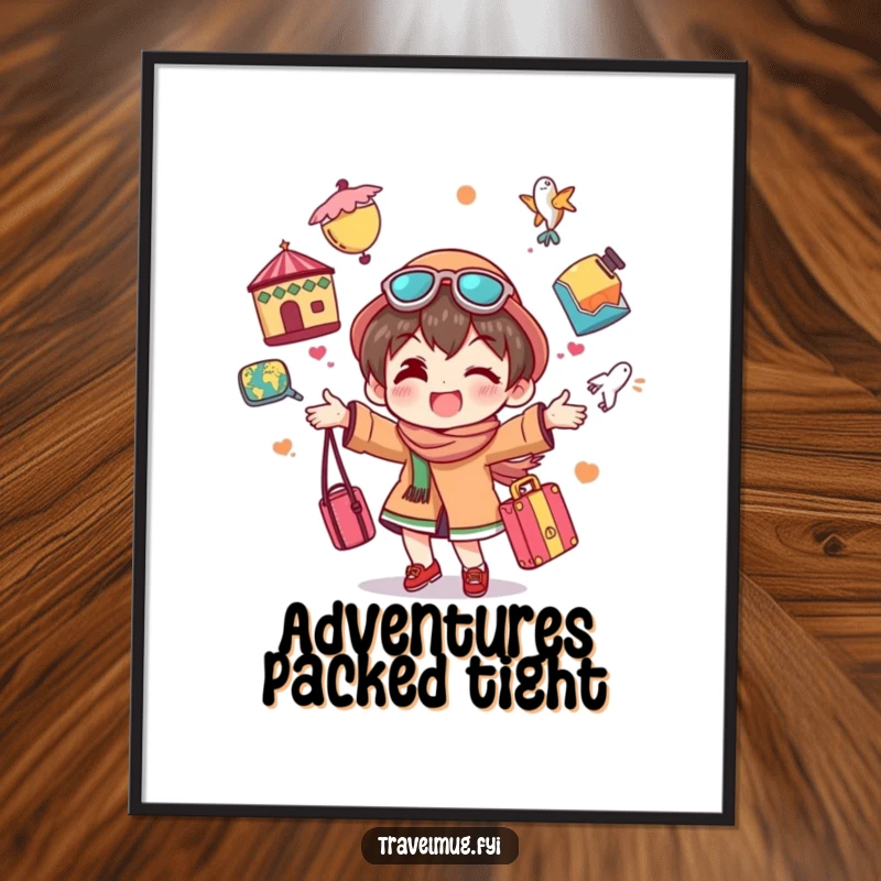 Funny poster art depicting a character gleefully juggling colorful travel souvenirs, conveying a joyful and humorous spirit of exploration.