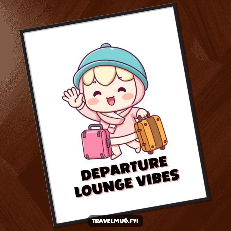 Funny Poster featuring a kawaii character waving goodbye enthusiastically while holding a suitcase, ready for their exciting departure.