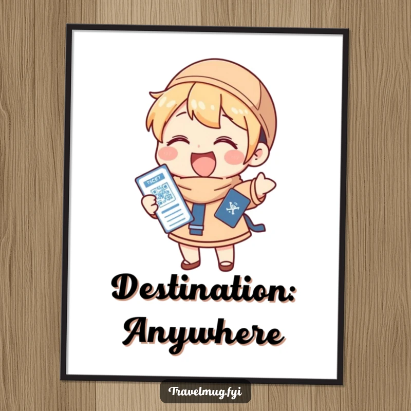 Funny Poster: A character gleefully holding a passport and ticket, symbolizing the joy and anticipation of travel, great decor.